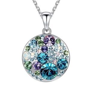 Round Multicolor Crystal Disc Pendant Earring Necklace Silver